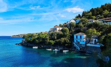 Adventurers discovering natural wonders and caves in Greece.